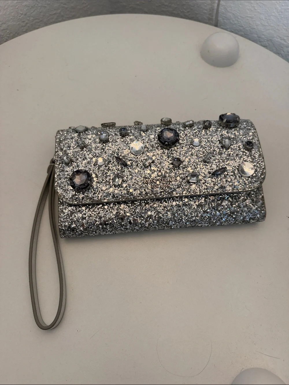 kate spade Silver Glitter Jeweled Wristlet Clutch